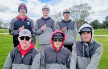 The team is pictured at the Bassett Invite at right, and are back row, L to R: Caden Stankoski, Cooper Jordan, and Tanner Two Strike. Front row, L to R: Thurston Ravenscroft, Garrett Cumbow, and Reeves Witte.