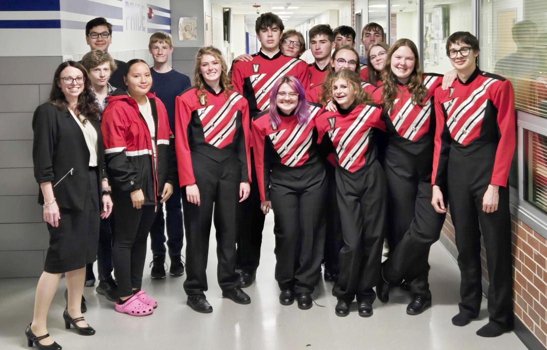 The VHS Band is pictured, back row, L to R: RJ Dean, Todd Dillon, Burke Rhodes, Duncan Mosner, Tryston Gaver, Landen Mooney, Camilla Brown, Allen Ward, Trevor Burdick, Praise Maunu. Front row, L to R: Bethany Springer, Olena Felton, Marybelle Ward, Lilybet Rolfe, Reegan Eggert, Hope Woodraska, and Roman Dillon.