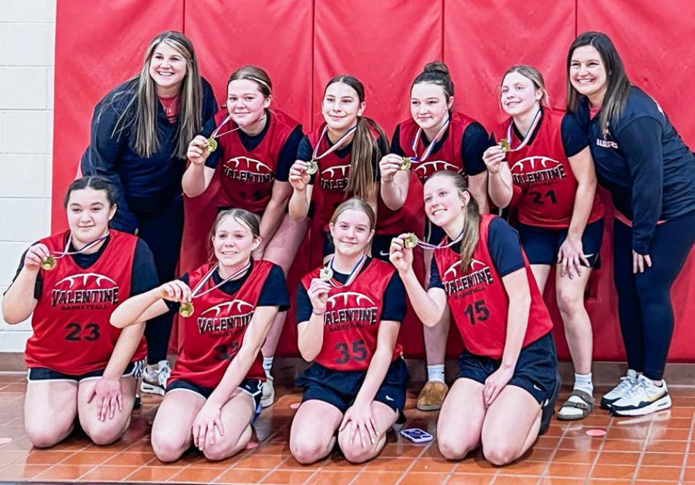 Seventh and eighth grade team - champions! Pictured are back row, L to R: Coach Johanna Michalek, Alex Monroe, Mia Sherbeyn, Devahney Bellville, Payton Daughtery, Coach Sydney Schubauer. Front row, L to R: Lily Cornelli, Anniyah Bailey, Whitley Cumbow, and Tylee Tinant.