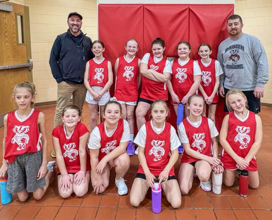 Fourth grade team - runner-up! Back row, L to R: Coach Kyle Arganbright, Claire Arganbright, Maggie Arnold, Harper Osnes, Oakley Hawthorne, Camille King, Coach Zane Limbach. Front row, L to R: Margaret Fischer, Emeran Tenhouse, Bristol Limbach, Liza Panskiano, Laramie Foster, and Adley Swanson.