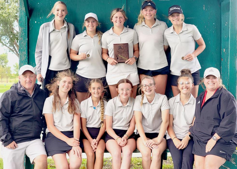 Pictured are the girls varsity golf members, back row, L to R: Rylee Wackler, Tierney Miller, Jojo Jordan, Grace Murphy, and Joni Cox. Front row, JV golf members and coaches, L to R: Coach Muirhead, Marybelle Ward, Kassie Hanson, Maddy Bopp, Samatha Sprenger, Austin Diebler, and Coach Houdek.