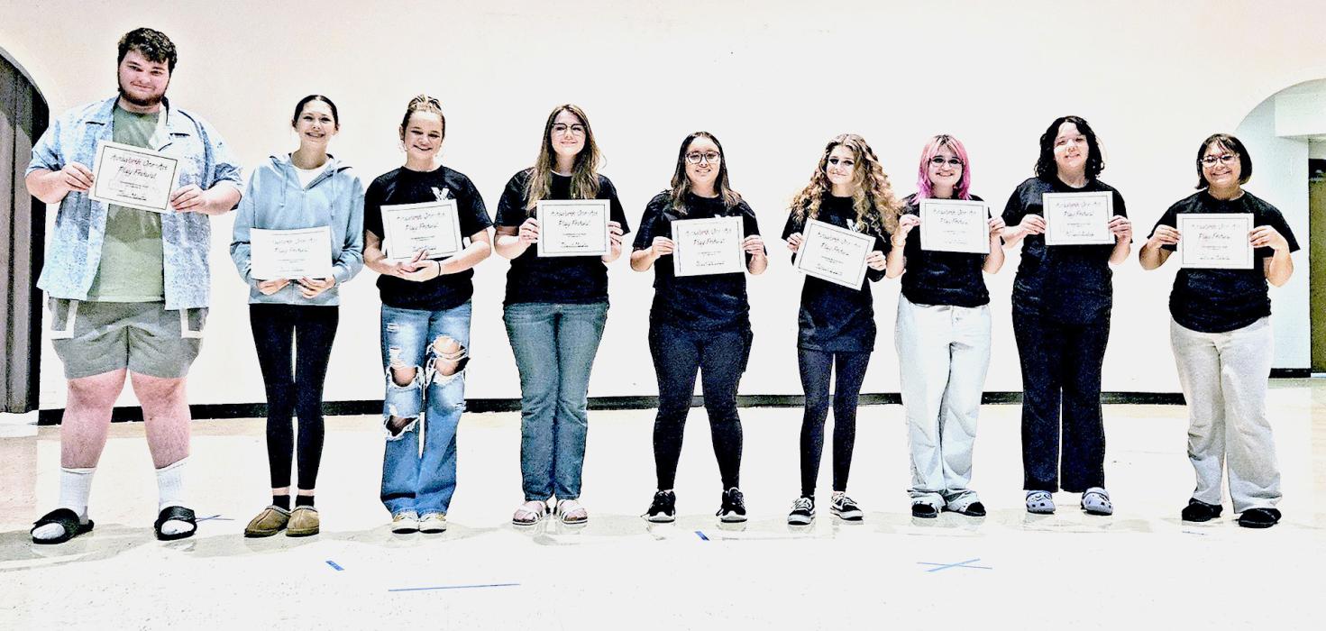 Pictured are from L to R: Titus Maunu, Josie Shaul, River Doyle, Praise Maunu, Brooklyn Coyle, Reegan Eggert, Lilybet Rolfe, Abbie Bishop, and Leticia Alvarez, all received Outstanding Performer awards within the production.