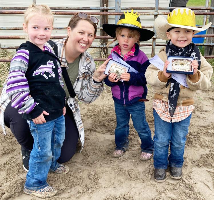 Presenting their buckles was last years Little Miss Circle C, Sawyer Galloway, daughter of Wyatt and Jade Galloway, along with Ashley Milton, who was the first Little Miss Circle C in 1990! That was 35 years ago! Little Miss Circle C, Mavis Shadbolt, daughter of George and Katie Shadbolt; Little Mr. Circle C, Talon Stoner, son of Tell and Emily Stoner.