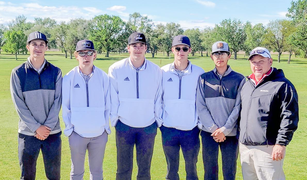 The Badger Golf team are pictured from L to R: Caden Stankoski, Garrett Cumbow, Cooper Phillips, Cooper Jordan, Tanner Two Strike, and Coach Devin Muirhead.
