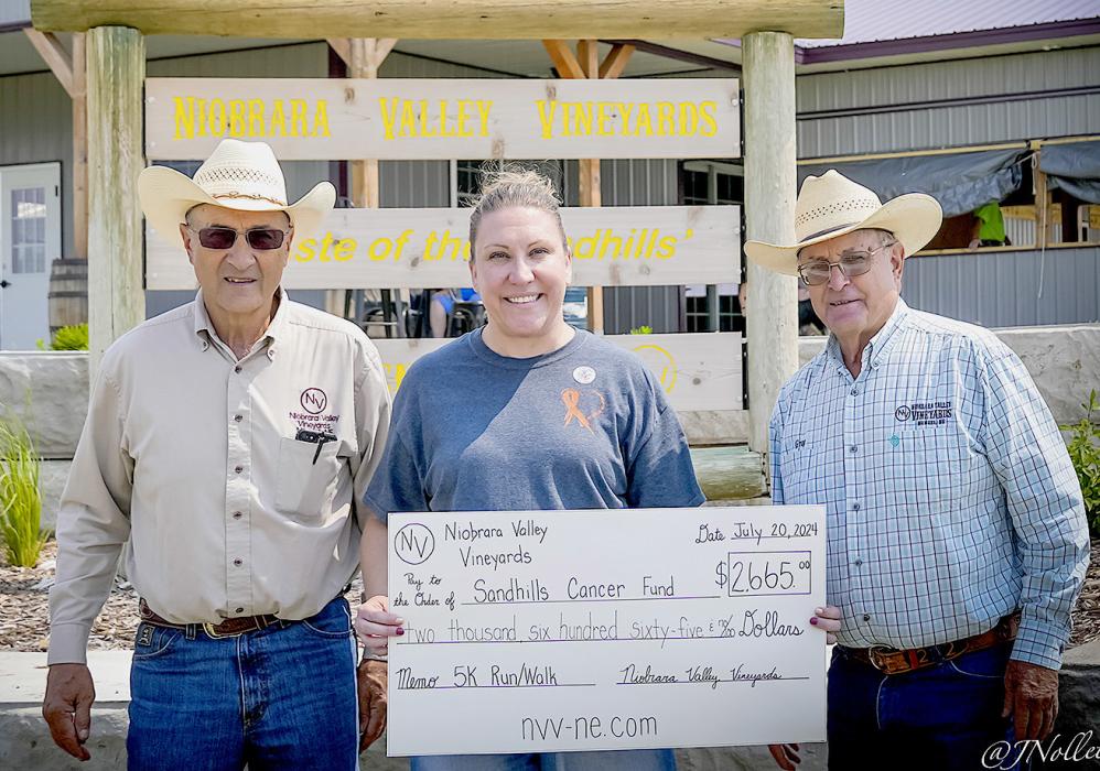 Pictured above, from L to R: Tim Nollette, Kasey Dawson, and Greg Nollette, with a check presentation to the Sandhills Cancer Fund.