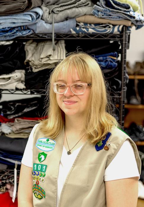Meadow Reinders earned her Gold Award through the Girl Scouts recently. She will receive the actual award in May of next year. She is pictured in the Caring Closet, which she created for Todd County High School students. She has already earned her Bronze Award by sewing blankets for babies in the NICU, as she herself was a premie.
