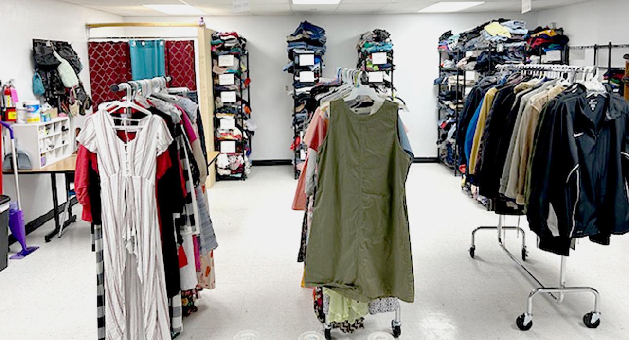 Nancy Allard donated two dress racks which hold clothing for anyone who wishes to visit the Caring Closet. In the far back left hand corner, is the dressing room Meadow and her father, Jason, constructed for privacy. They had been using a small closet which had no lighting, except what was provided by cellphone flashlights.