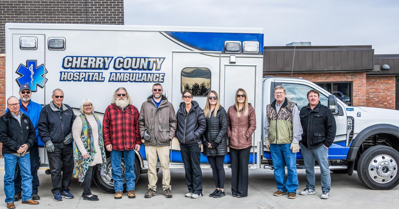 Pictured in front of the brand new Cherry County Hospital Ambulance are from L to R: Monty Kneifer, Duane Lamb, Dave Nelsen, Nadeane Allard, Rourke Springer, Josh Krueger, Jessica Abbott, Lacey Joseph, Talia Benson, Steve Isom, and Jim Bargen. Photos of other equipment on page 10. Photo by Laura Vroman
