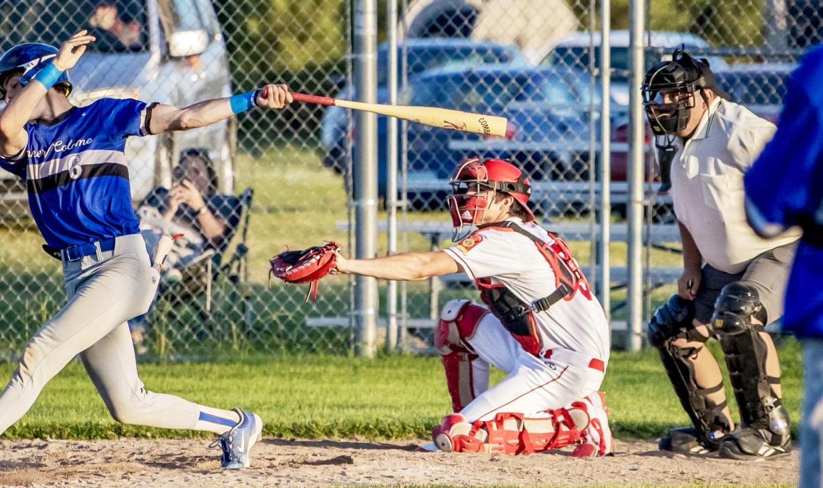 Trace Buechle was set up behind the plate during the second inning on Wednesday’s game against Winner/Colome. Photos by Katelyn Bitner
