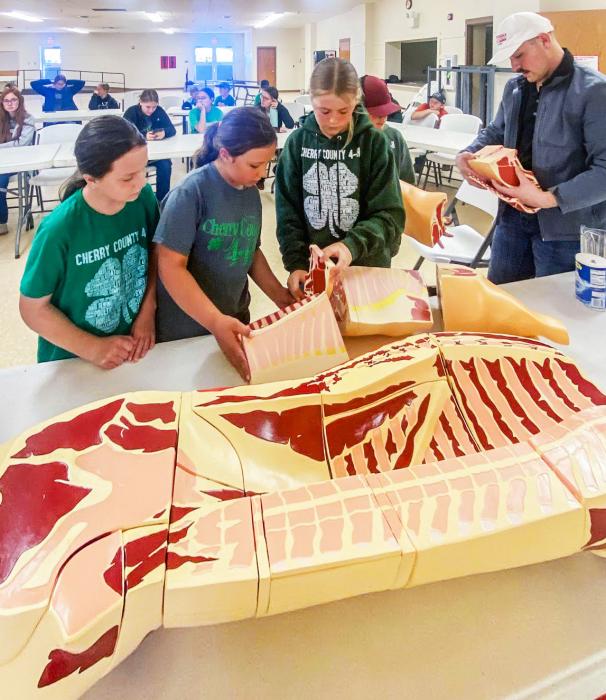 Youth get “hands on” during a new Meats Workshop, hosted by Extension Assistant Professor, Bo Garcia, from UNL, pictured at far right.