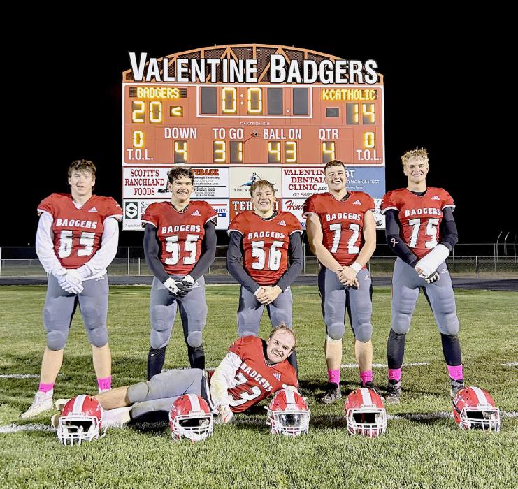 VHS line from Friday nights victory are pictured from L to R: Cooper Phillips #65 senior, Jordan Bailey #55 junior, John Fulton #55 senior, Thane Tailor #72 senior, Quinton Nelson #75 senior. Front is Cinch Miller #33 senior. Photos by Nina Maria Nelson