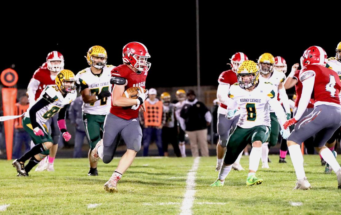 Parker Chavez #38 running the ball in the game against Kearney Catholic, Friday, October 25 where the Badgers won 20-14.