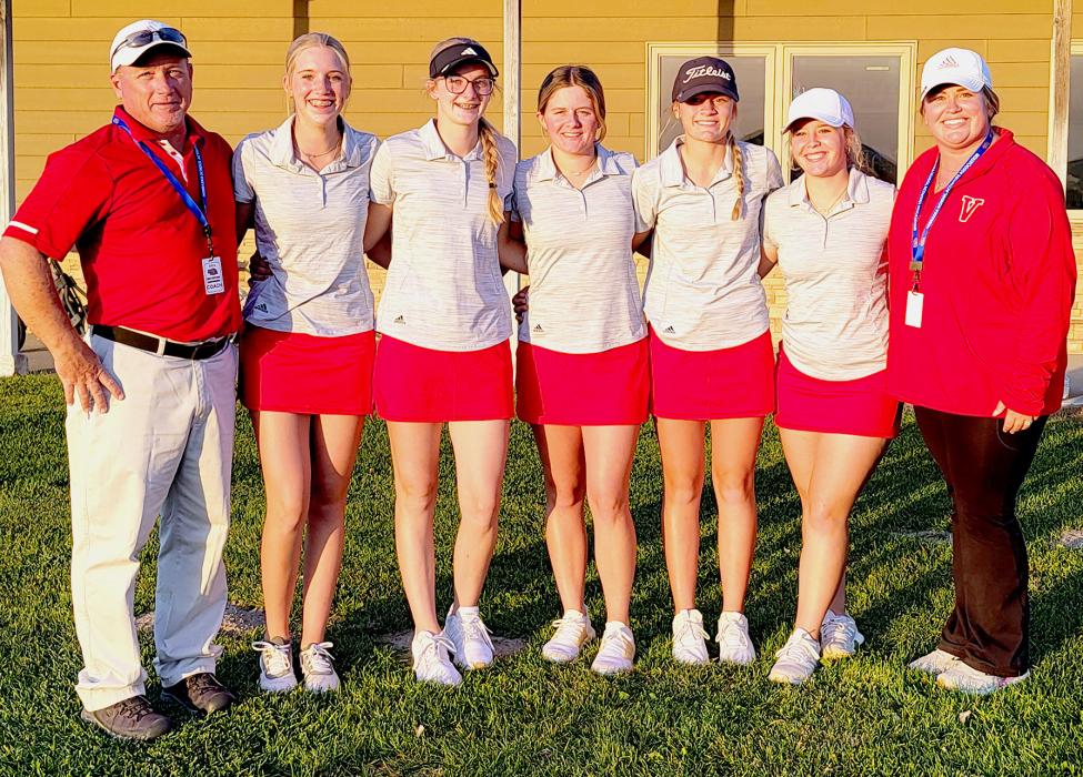 Pictured are from L to R: Coach Muirhead, Rylee Wackler, Samantha Sprenger, Jocelyn Jordan, Joni Cox, Tierney Miller, and Coach Houdek.
