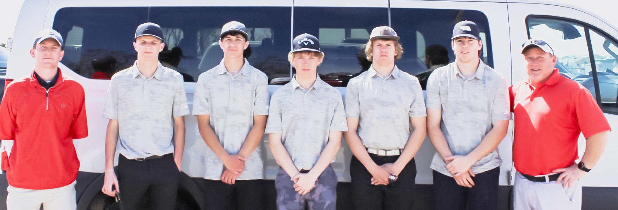 Pictured are from L to R: Coach Coleman, Cooper Jordan, Caden Stankoski, Garrett Cumbow, Westin Witte, Cooper Phillips, and Coach Devin Muirhead.