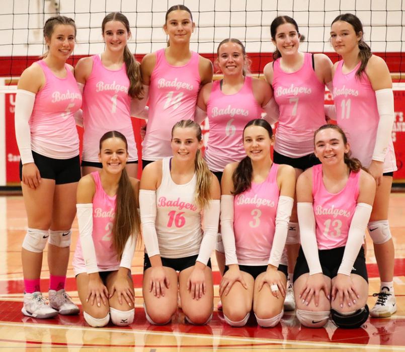 The Lady Badger Volleyball team is pictured back row, L to R: Back row left to right Annalena Nelson, Paige Sprenger, Mia Sherbeyn, Tygh Miller, Ashlyn Hutchinson, Devahney Belville. Front row, L to R: Leah Larabee, Danika Janssen, Clarrah Beebout, Camilla Brown Photos by Nina Maria Nelson