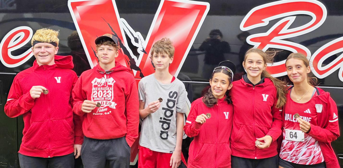 Medalists of the Ainsworth XC meet are pictured L to R: Isaac Utecht, 18th place; Deklin Titus, ninth place; Reed Greenough, 10th place, MS boys mile; Mariana Azarcoya, 17th place; Kealy Titus, eighth place; and Taylie Fletcher, 16th place.