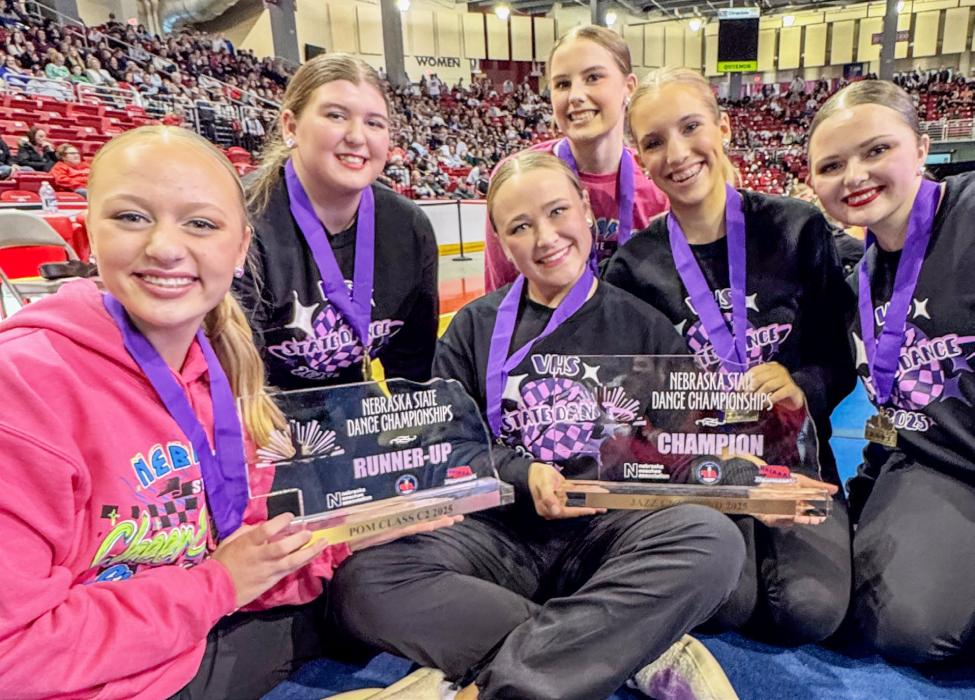 The Badger Jazz team placed second at STATE! Pictured at left from L to R: freshman Addison Stec, freshman Danika Janssen, junior Rylee Wackler, senior Cadence Swanson, junior Katelyn Bitner, freshman Haddison Mundorf, and senior Jenalee Garwood. Pictured above are some very happy dance team members with their Champion and runner-up trophies! Pictured are from L to R: Addison Stec, Jenalee Garwood, Cadence Swanson, Danika Janssen, Rylee Wackler, and Katelyn Bitner.