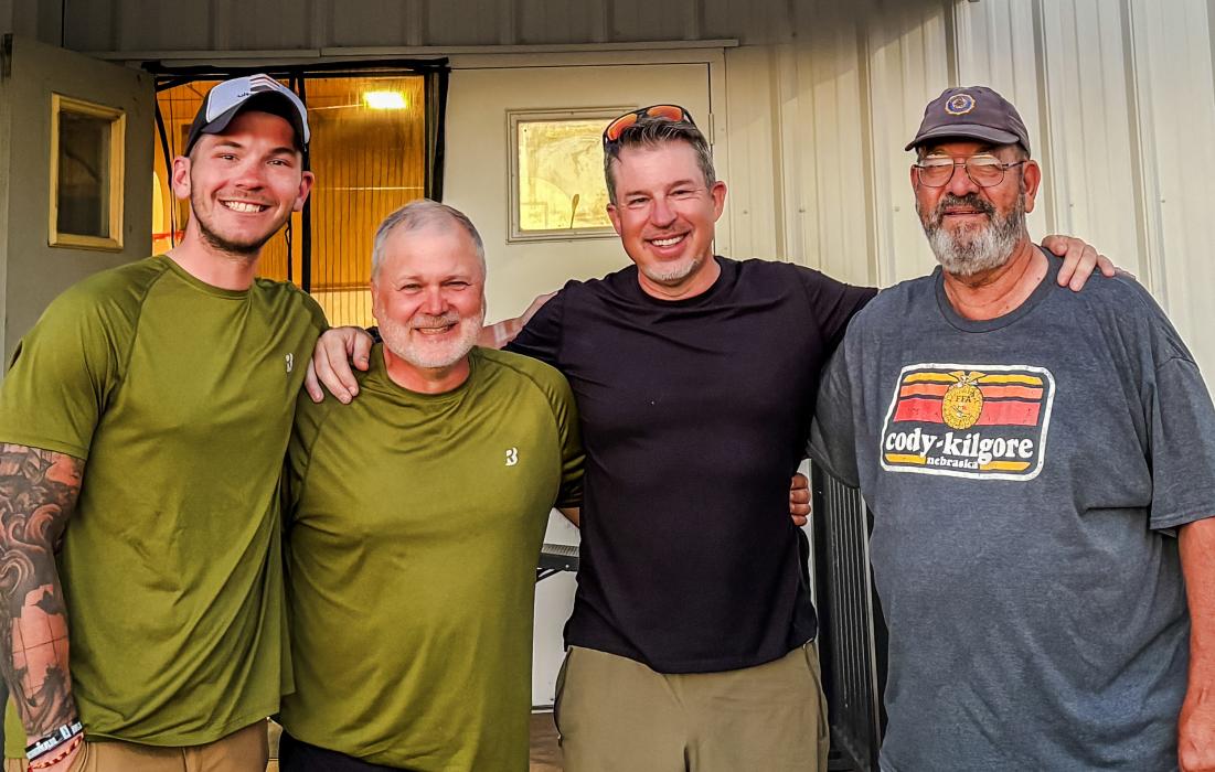Shown in front of the Legion Post Home in Cody, NE are L to R: Mike Owens, Frank Nicholson, John Morash and host Jerry Fullerton, Commander of Legion Post #319.