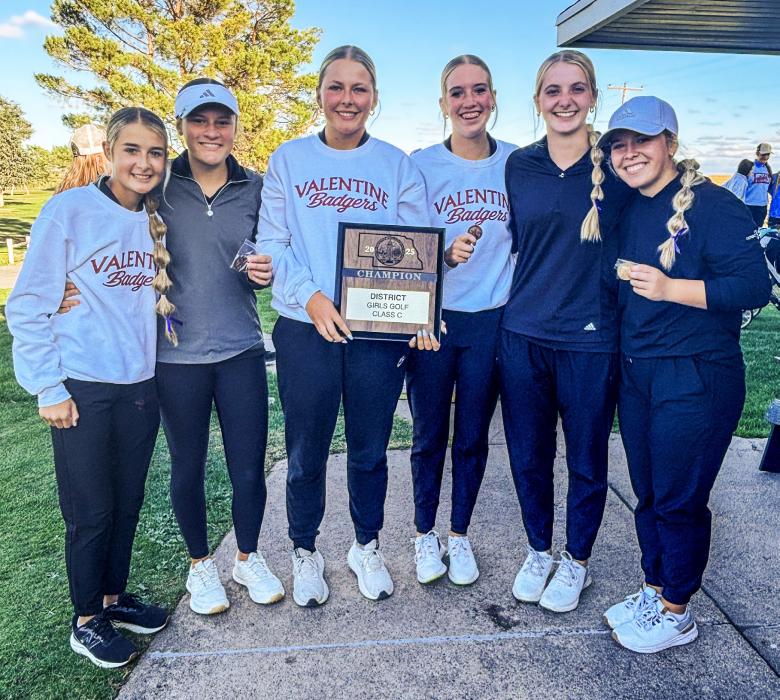 The Valentine Lady Badger District Champion Golf Team is pictured from L to R: Kassie Hanson, Joni Cox, Grace Murphy, Rylee Wackler, Sam Sprenger and Tierney Miller.