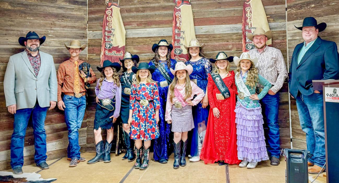 The Cherry County Rodeo Royalty gathered with the dads that competed, along with visiting royalty from across Nebraska!