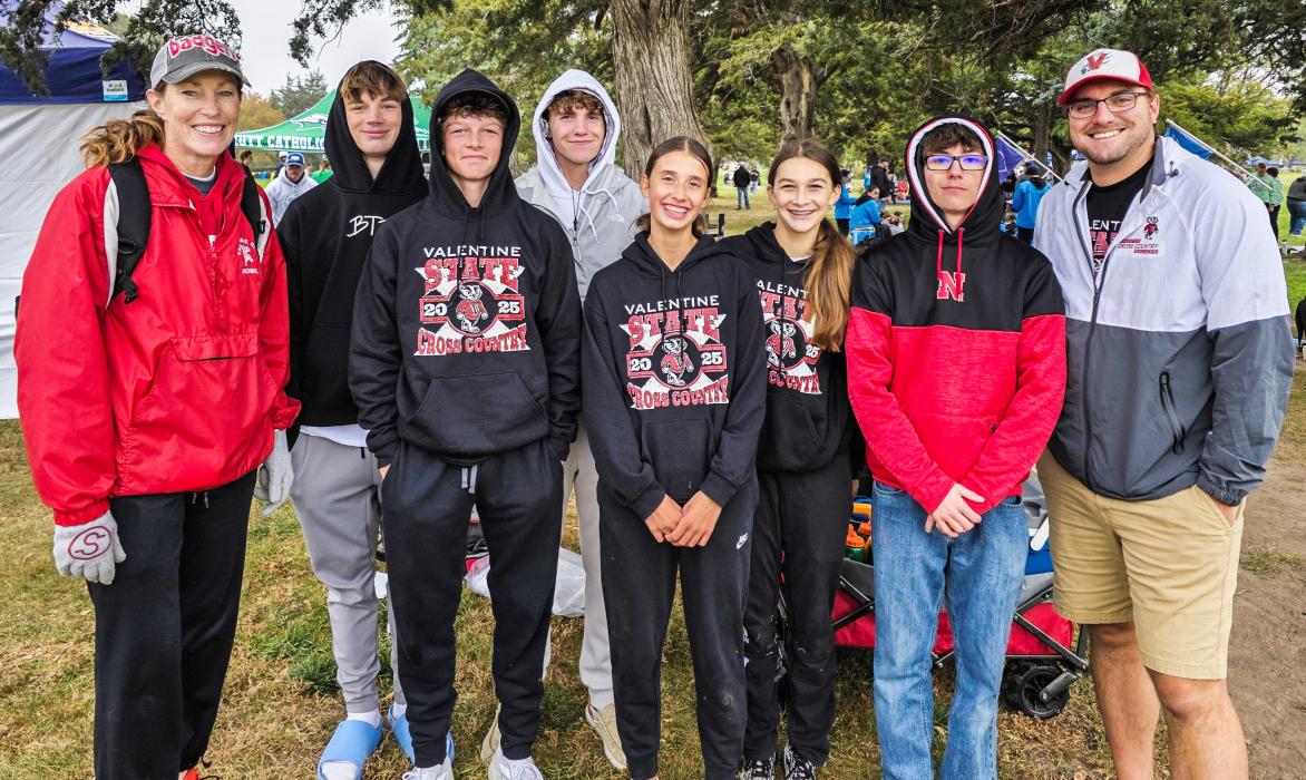 Coach Alex Jensen said teammates helped cheer on State Qualifers Titus and Fletcher at NSAA State. They are pictured from L to R: Assistant coach Candi Crowe, Boone Jespersen, state qualifier Deklin Titus, Jayden Bacon, state qualifier Taylie Fletcher, Kealy Titus, Michael Cozad, and head coach Alex Jensen.