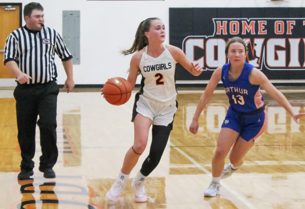 CK sophomore Lilly Ravenscroft setting up the offense for the Cowgirls in basketball action against Arthur County Lady Wolves.