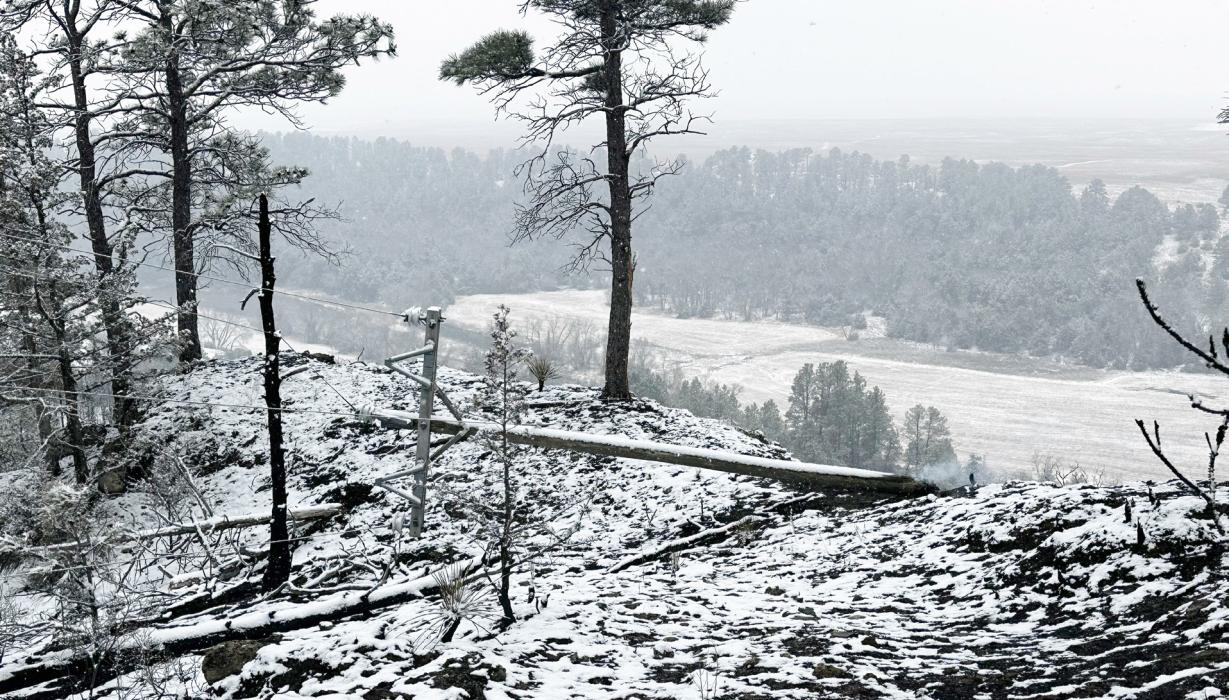 This downed electric line was the cause of the Anderson Bridge Road fire, after 60 mph gusts of wind snapped the pole, Thursday, March 12. Sunday, the pole lay smoldering with the blessing of snow cover. Photo by Mark Johnson