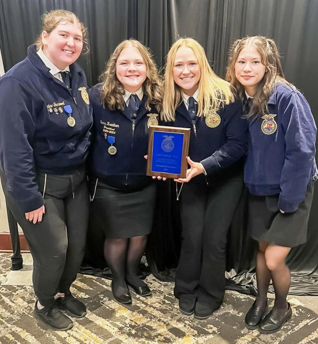 Ag Demonstration team earned a Gold Medal Team and are pictured from L to R: Jenalee Garwood, Emma Kreutner, Cadence Swanson, Talia Wenig.