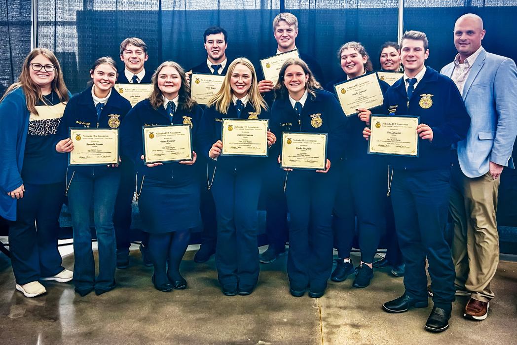 State Degree recipients are pictured from L to R: Mrs. Houdek, Kennedie Assman, John Fulton, Emma Kreutner, Thane Taylor, Cadence Swanson, Quinton Nelson, Kimber McGinley, Jenalee Garwood, Rylie Sexson, Doc Lancaster, Mr. Nollette.