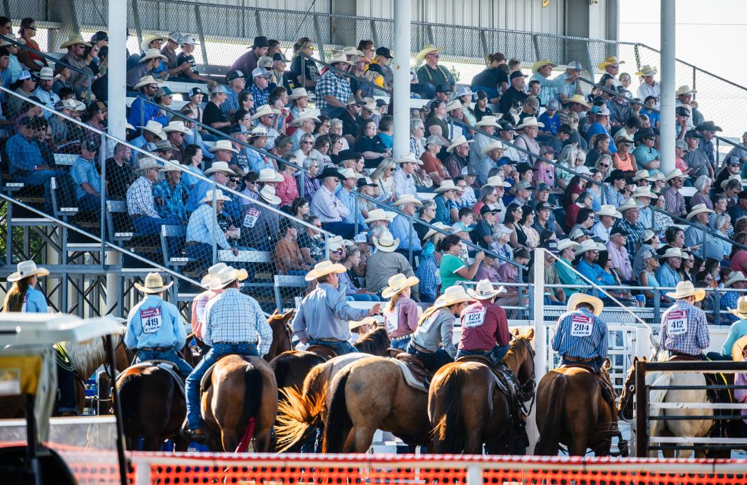 Day two of the Nebraska High School Rodeo Finals at the Cherry County Fairgrounds. All eyes are mesmerized with the action going on in the arena. Photo by Laura Vroman