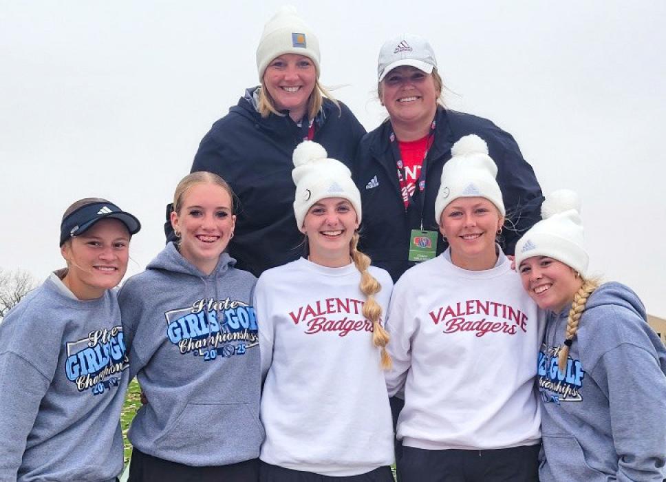Pictured at the NSAA State Golf Tournament held at Lake Mahoney Golf Course in North Platte are top row, L to R: Coaches Shawna Houdek, and Ashley McSweeney. Front row, L to R: Joni Cox, Rylee Wackler, Sam Sprenger, Grace Murphy, and Tierney Miller.