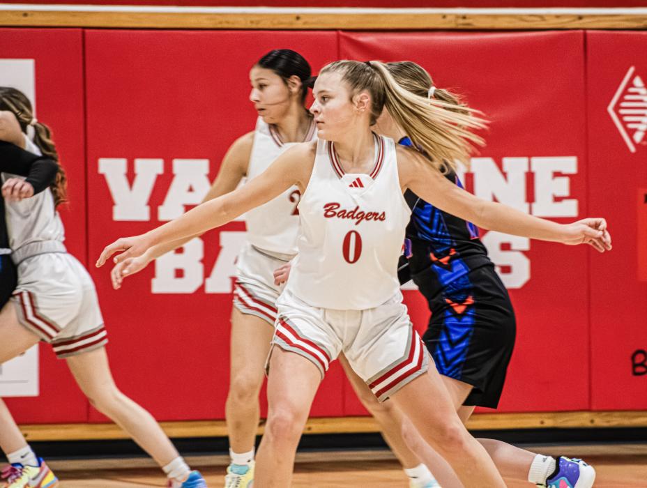 Joni Cox #0, and Aiden Hand #2, along with the rest of the Lady Badgers played tough defense against Gordon-Rushville on January 7, 2025. Photo by Katelyn Bitner
