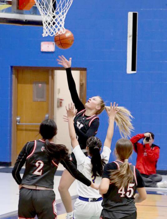 Joni Cox #0 makes a layup in the game against Todd County where the Lady Badgers won with a final score of 41-27. Photo by Nina Maria Nelson