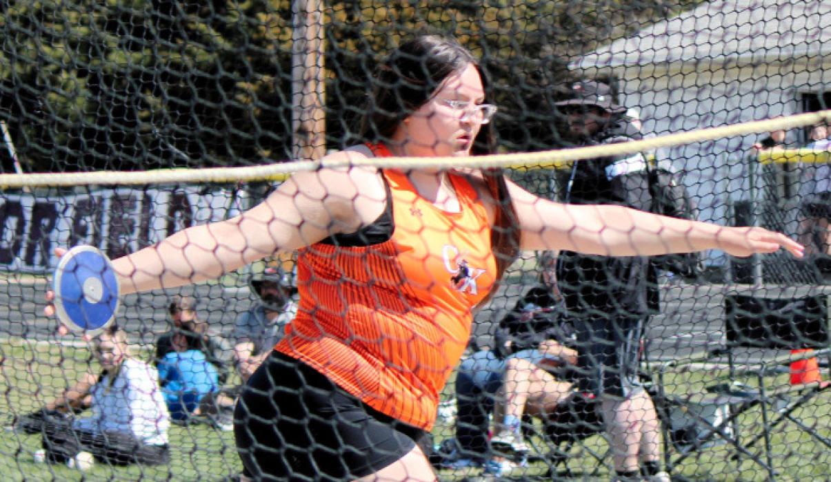 CK freshman Aubryanna Schmit winds up for a toss during discus action at the Alliance Invite in Alliance, Nebraska. Photos by Zoey Dorian