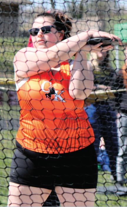 CK sophomore Addysen Hawthorne in discus action.