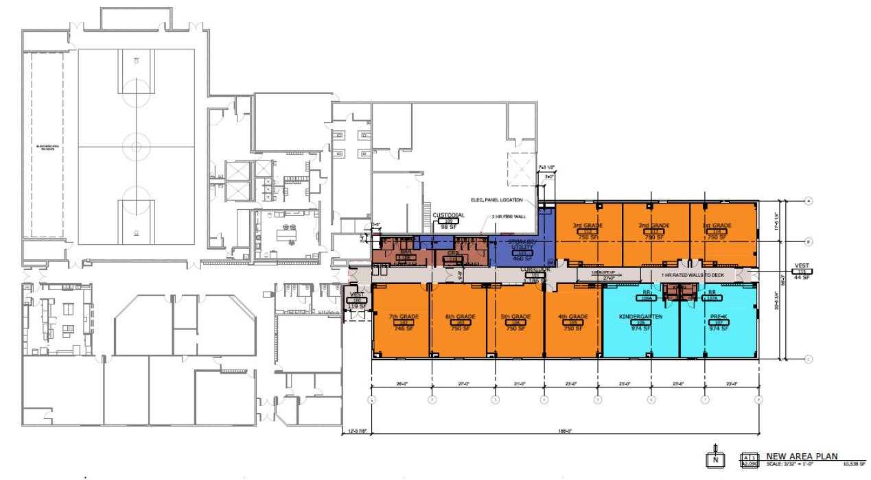 A front view of the new Cody-Kilgore Unified School pre-kindergarten through seventh grade school that will open for the classes of 2025-2026. Pictured below is the floor plan.