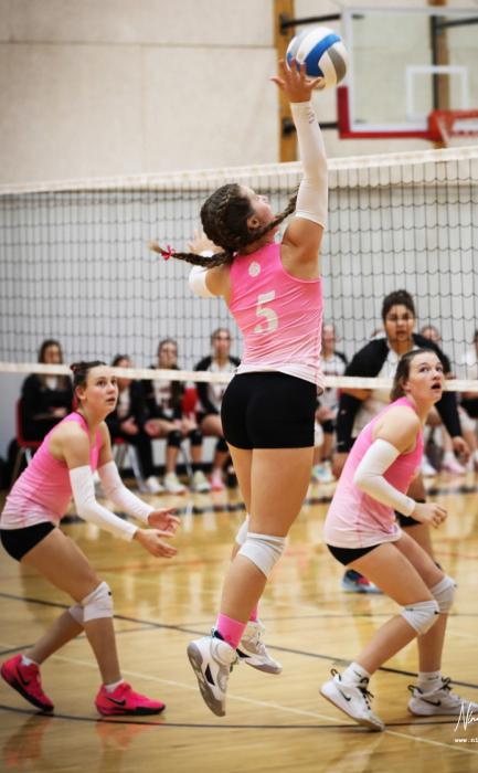 Annanlena Nelson spikes the ball against Mitchell Tigers.
