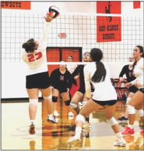 Addysen Hawethorn working at the net during the JV match against the Indians. The Cowgirls hosted the Minatare Indians, Friday, September 22, 2023 who won in three sets. Scoring: Cody-Kilgore - 15, 20, 18 = 0 Minatare - 25, 25, 25 = 3 Photos by Shontell Roseberry