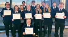 State Degree recipients are pictured back row, L to R: Hayden Larabee, Cody Miller, Tagg Buechle, and Hayes Hammond. Middle row, L to R: Mya Shelbourn, Kassidy Denbo, Dakota Krogman, Courtny Morgan, Becca McGinley, Maddy Pilakowski, and Holden Mundorf. Front row, Alyssa Hockenbary.