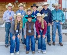 The Valentine rodeo team members are pictured back row, L to R: Laken Krogman, Parker Chavez, Sutton Schrunk, Colter Austin and Trevor Burdick Middle row, Deklin Titus. Front row, L to R: Tygh Miller, Crue Austin, and Tierney Miller.
