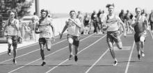 Four Badgers, Logan Harp, Nick Ohlmann, Ashtonn Lurz, Mason Harp, and a runner from Hyannis, in the 100 Meter Dash. Photos by Amanda Long