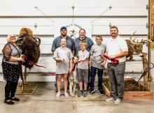 Pictured at Sandhills Taxidermy’s Ribbon Cutting are from L to R: Nadeane Allard, owners Brandon and Katie Ormesher, and Zane Limbach. Photo by Laura Vroman