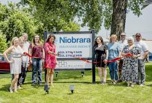 Pictured at the Niobrara Insurance Agency’s Ribbon Cutting are from L to R: Jenny Moore, Carolyn Moore, Steve Isom, Jacy Millsap, Alena Arendt, Danielle Vavra, Jennie Salters, Kyle Arganbright, Nadeane Allard, and Zane Limbach. Photo by Laura Vroman