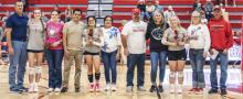 It was parents night at the Badger triangular, held Thursday, October 1, 2026. Pictured are from L to R: Paige Sprenger #1, daughter of Matt and Christy Sprenger; Ashley Mora Lira, daughter of Oscar Mora and Samantha Lira; Tygh Miller #6, daughter of Shane and Nicholer Miller and Erin Miller and Chad Brennan. Photos by Tina Boone