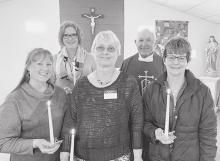 Pictured are back row, L to R: Sandy Eggert and Rev. Lou Nollette. Front row, L to R: Justina Benscoter, Cindy Dunbar, and Marie Young.