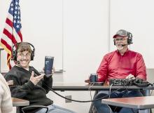 Valentine Police Chief Dana Miller visits with KVSH’s Mike Burge for a live broadcast of Coffee and a Cop, Thursday, February 29, 2024, at Mid Plains Community College. Their conversation centered on Chief Miller’s annual report. Photo by Laura Vroman
