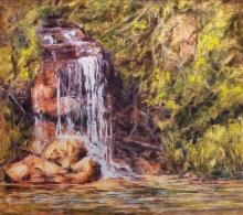 A summer waterfall painted by Joan Swim, in oils.