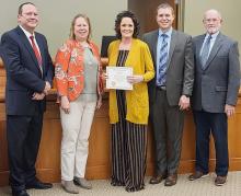 After being sworn in, the judges congratulated Hand and had their photo taken. Pictured are from L to R: County Court Judge James Orr, County Court Judge Tami Schendt, Clerk Magistrate Deb Hand, County Court Judge Kale Burdick, District Court Judge Mark Kozisek. Photos by Laura Vroman