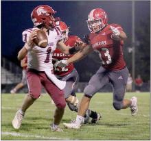 Valentine’s Tyler Whiting #23 rushing Centura’s QB in the game played Friday, September 1, 2023. Photos by Nina-Maria Nelson