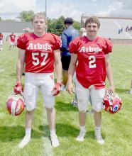 Pictured are Logan Witte #57 and Ashton Lurz #2, playing for the Nebraska West Team at the annual West Nebraska All-Star Game in Scottsbluff. Photo by Dana Witte
